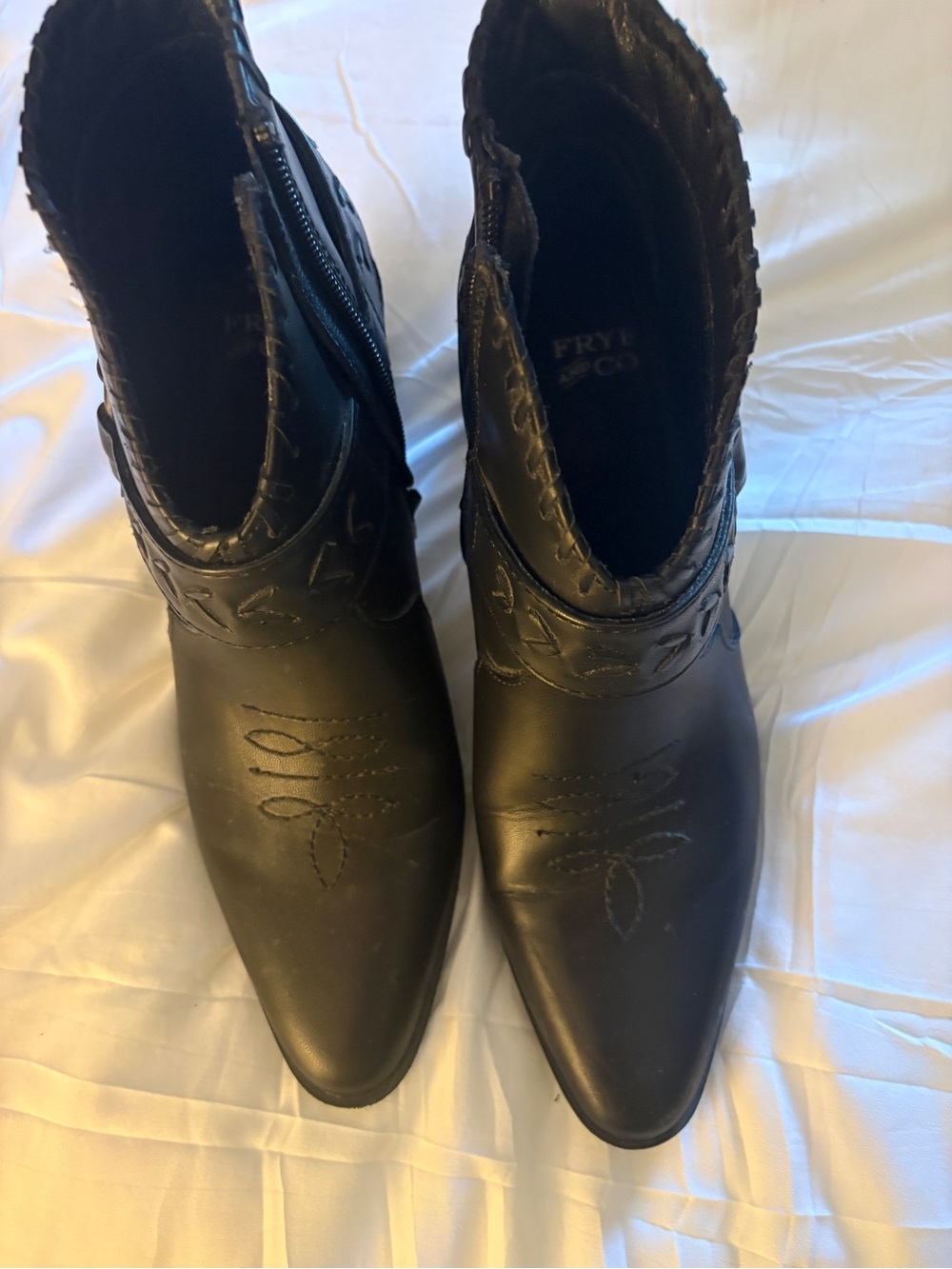 Frye Black Leather Pointed Toe Ankle Booties with Embroidered Vamp